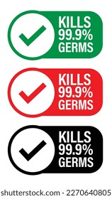 kills 99.9% germs vector icon with tick mark