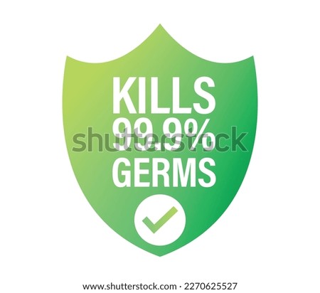 kills 99.9% germs vector icon with shield, green in color