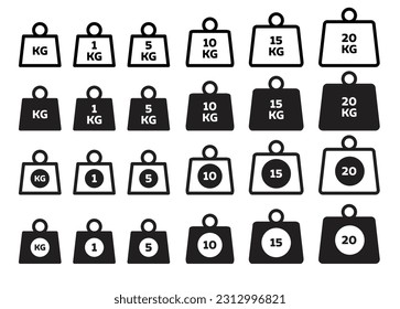 conjunto de iconos de kilogramo de 1,5,10,15 y 20 kg. símbolo vector de peso kilo. signos kilo gramo en estilo relleno y delineado.