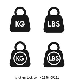 Kilogram (KG) and pound (LBS) weight symbol icon, Dumbbell vector illustration