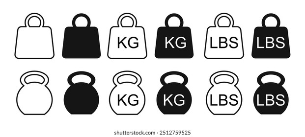 Kilogram weight icon. Weight icons set featuring kettlebell symbols. EPS 10 vector format