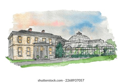 Kilshane Regency house, stately home, glass house, conservatory, wedding venue. Watercolor sketch illustration. Isolated vector.