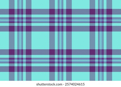 Kilt textile background seamless, t-shirt fabric texture pattern. Diagonal check vector tartan plaid in teal and purple colors.