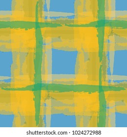 Kilt Texture. Seamless Grunge Background with Hand Painted Crossing Brush Strokes for Wrapping Paper, Linen, Sportswear. Rustic Check Texture. Vector Seamless Plaid Texture.