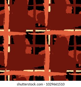 Kilt Texture. Seamless Grunge Background with Hand Painted Crossing Brush Strokes for Print, Upholstery, Textile. Rustic Check Texture. Vector Seamless Tartan.