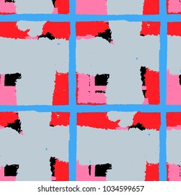 Kilt Texture. Seamless Grunge Background with Hand Painted Crossing Brush Strokes for Swimwear, Fabric, Textile. Rustic Check Texture. Vector Seamless Plaid Texture.