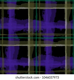 Kilt Texture. Seamless Grunge Background with Hand Painted Crossing Stripes for Swimwear, Upholstery, Textile. Rustic Check Texture. Vector Seamless Kilt Texture.