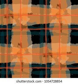 Kilt Texture. Seamless Grunge Background with Hand Painted Crossing Stripes for Swimwear, Upholstery, Textile. Rustic Check Texture. Vector Seamless Tartan.