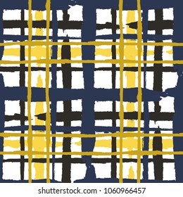 Kilt Texture. Seamless Grunge Background with Hand Painted Crossing Lines for Wrapping Paper, Linen, Sportswear. Rustic Check Texture. Vector Seamless Tartan. Scottish 
Ornament
