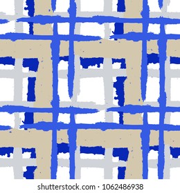 Kilt Texture. Seamless Grunge Background with Hand Painted Crossing Brush Strokes for Swimwear, Upholstery, Textile. Rustic Check Texture. Vector Seamless Tartan. Scottish 
Ornament