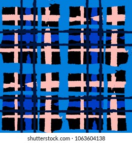 Kilt Texture. Seamless Grunge Background with Hand Painted Crossing Lines for Print, Linen, Cloth. Rustic Check Texture. Vector Seamless Plaid Texture.