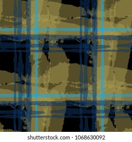 Kilt Texture. Seamless Grunge Background with Hand Painted Crossing Stripes for Swimwear, Upholstery, Textile. Rustic Check Texture. Vector Seamless Plaid. Scottish 
Ornament