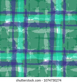 Kilt Texture. Seamless Grunge Background with Hand Painted Crossing Stripes for Wallpaper, Linen, Cloth. Rustic Check Texture. Vector Seamless Kilt Texture.