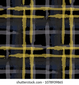 Kilt Texture. Seamless Grunge Background with Hand Painted Crossing Stripes for Print, Linen, Cloth. Rustic Check Texture. Vector Seamless Tartan. Scottish 
Ornament