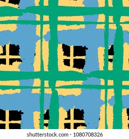 Kilt Texture. Seamless Grunge Background with Hand Painted Crossing Stripes for Print, Upholstery, Textile. Rustic Check Texture. Vector Seamless Plaid. Scottish 
Ornament