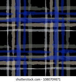Kilt Texture. Seamless Grunge Background with Hand Painted Crossing Stripes for Print, Linen, Cloth. Rustic Check Texture. Vector Seamless Tartan.
