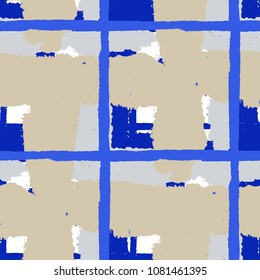 Kilt Texture. Seamless Grunge Background with Hand Painted Crossing Brush Strokes for Wallpaper, Linen, Sportswear. Rustic Check Texture. Vector Seamless Kilt Texture.