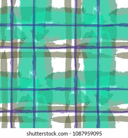 Kilt Texture. Seamless Grunge Background with Hand Painted Crossing Brush Strokes for Print, Upholstery, Textile. Rustic Check Texture. Vector Seamless Plaid. Scottish 
Ornament