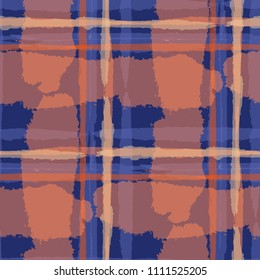 Kilt Texture. Seamless Grunge Background with Hand Painted Crossing Stripes for Print, Upholstery, Cloth. Rustic Check Texture. Vector Seamless Kilt Texture.