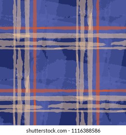 Kilt Texture. Seamless Grunge Background with Hand Painted Crossing Lines for Swimwear, Upholstery, Textile. Rustic Check Texture. Vector Seamless Tartan.