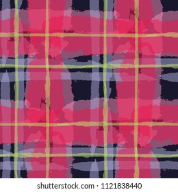Kilt Texture. Seamless Grunge Background with Hand Painted Crossing Lines for Swimwear, Fabric, Textile. Rustic Check Texture. Vector Seamless Tartan. Scottish 
Ornament