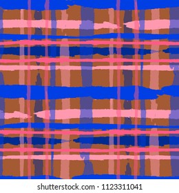 Kilt Texture. Seamless Grunge Background with Hand Painted Crossing Lines for Print, Upholstery, Cloth. Rustic Check Texture. Vector Seamless Kilt Texture. Scottish 
Ornament