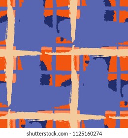 Kilt Texture. Seamless Grunge Background with Hand Painted Crossing Lines for Swimwear, Fabric, Textile. Rustic Check Texture. Vector Seamless Tartan.