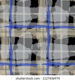 Kilt Texture. Seamless Grunge Background with Hand Painted Crossing Brush Strokes for Print, Upholstery, Textile. Rustic Check Texture. Vector Seamless Tartan.