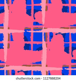 Kilt Texture. Seamless Grunge Background with Hand Painted Crossing Lines for Print, Linen, Cloth. Rustic Check Texture. Vector Seamless Kilt Texture. Scottish 
Ornament