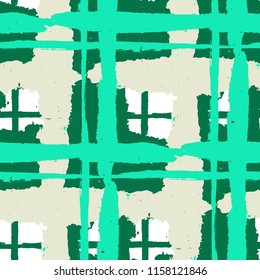 Kilt Texture. Seamless Grunge Background with Hand Painted Crossing Lines for Swimwear, Fabric, Textile. Rustic Check Texture. Vector Seamless Kilt Texture. Scottish Ornament