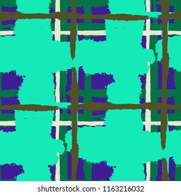 Kilt Texture. Seamless Grunge Background with Hand Painted Crossing Brush Strokes for Wallpaper, Linen, Sportswear. Rustic Check Texture. Vector Seamless Plaid. Scottish Ornament