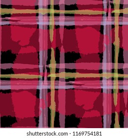 Kilt Texture. Seamless Grunge Background with Hand Painted Crossing Brush Strokes for Print, Upholstery, Textile. Rustic Check Texture. Vector Seamless Kilt Texture.