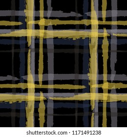 Kilt Texture. Seamless Grunge Background with Hand Painted Crossing Stripes for Wrapping Paper, Linen, Sportswear. Rustic Check Texture. Vector Seamless Tartan. Scottish Ornament