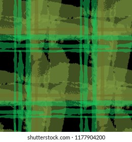 Kilt Texture. Seamless Grunge Background with Hand Painted Crossing Stripes for Swimwear, Fabric, Textile. Rustic Check Texture. Vector Seamless Plaid Texture.