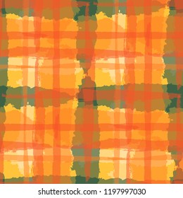 Kilt Texture. Seamless Grunge Background with Hand Painted Crossing Brush Strokes for Print, Upholstery, Cloth. Rustic Check Texture. Vector Seamless Kilt Texture.