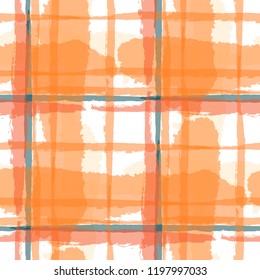 Kilt Texture. Seamless Grunge Background with Hand Painted Crossing Brush Strokes for Print, Upholstery, Textile. Rustic Check Texture. Vector Seamless Plaid Texture.