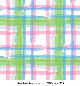 Kilt Texture. Seamless Grunge Background with Hand Painted Crossing Lines for Print, Linen, Cloth. Rustic Check Texture. Vector Seamless Kilt Texture.