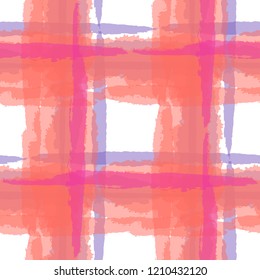 Kilt Texture. Seamless Grunge Background with Hand Painted Crossing Stripes for Swimwear, Upholstery, Textile. Rustic Check Texture. Vector Seamless Kilt Texture.