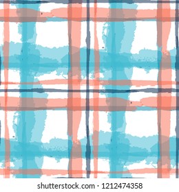 Kilt Texture. Seamless Grunge Background with Hand Painted Crossing Brush Strokes for Print, Upholstery, Cloth. Rustic Check Texture. Vector Seamless Plaid. Scottish Ornament