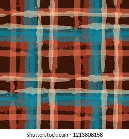 Kilt Texture. Seamless Grunge Background with Hand Painted Crossing Stripes for Print, Upholstery, Cloth. Rustic Check Texture. Vector Seamless Kilt Texture. Scottish Ornament