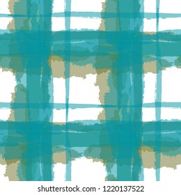 Kilt Texture. Seamless Grunge Background with Hand Painted Crossing Stripes for Swimwear, Upholstery, Textile. Rustic Check Texture. Vector Seamless Tartan. Scottish Ornament