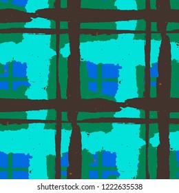 Kilt Texture. Seamless Grunge Background with Hand Painted Crossing Lines for Swimwear, Upholstery, Textile. Rustic Check Texture. Vector Seamless Plaid Texture.