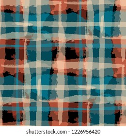Kilt Texture. Seamless Grunge Background with Hand Painted Crossing Brush Strokes for Wrapping Paper, Linen, Sportswear. Rustic Check Texture. Vector Seamless Kilt Texture. Scottish Ornament