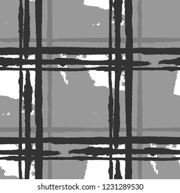 Kilt Texture. Seamless Grunge Background with Hand Painted Crossing Lines for Wrapping Paper, Linen, Sportswear. Rustic Check Texture. Vector Seamless Plaid Texture.
