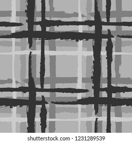 Kilt Texture. Seamless Grunge Background with Hand Painted Crossing Stripes for Wallpaper, Linen, Cloth. Rustic Check Texture. Vector Seamless Tartan.