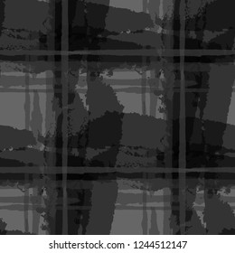 Kilt Texture. Seamless Grunge Background with Hand Painted Crossing Brush Strokes for Swimwear, Upholstery, Textile. Rustic Check Texture. Vector Seamless Tartan.