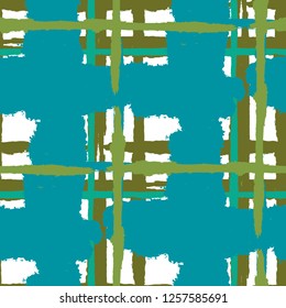 Kilt Texture. Seamless Grunge Background with Hand Painted Crossing Brush Strokes for Wallpaper, Linen, Sportswear. Rustic Check Texture. Vector Seamless Plaid Texture.