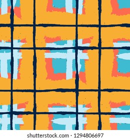 Kilt Texture. Seamless Grunge Background with Hand Painted Crossing Stripes for Swimwear, Fabric, Textile. Rustic Check Texture. Vector Seamless Plaid. Scottish Ornament