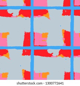 Kilt Texture. Seamless Grunge Background with Hand Painted Crossing Lines for Swimwear, Fabric, Textile. Rustic Check Texture. Vector Seamless Plaid Texture.