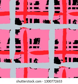 Kilt Texture. Seamless Grunge Background with Hand Painted Crossing Lines for Swimwear, Upholstery, Textile. Rustic Check Texture. Vector Seamless Plaid Texture.